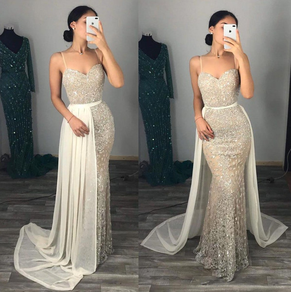 Luxurious Beads Lace Evening Dresses Formal Occasion Women Party Gowns Sexy Sleeveless Spaghetti Mermaid With Removable Skirt BC2962