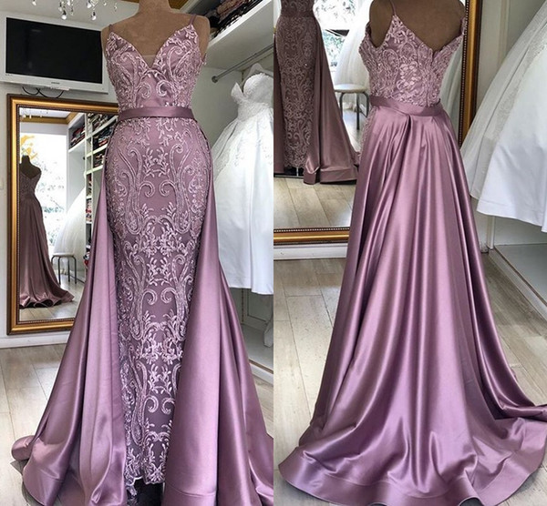 Formal Evening Dresses With Detachable Satin Skirt Sexy Spaghetti Strap Backless Appliqued Ruched Long Prom Gowns BM1627