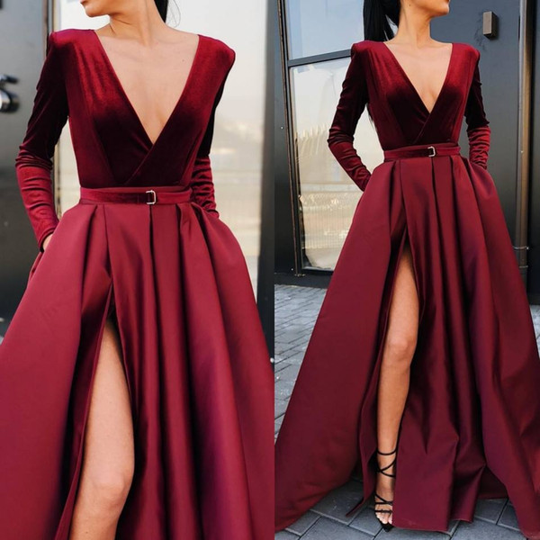 Burgundy Split Evening Dresses New Sexy A Line Prom Dresses Deep V-Neck Long Sleeves Sash Belt Long Prom Gowns