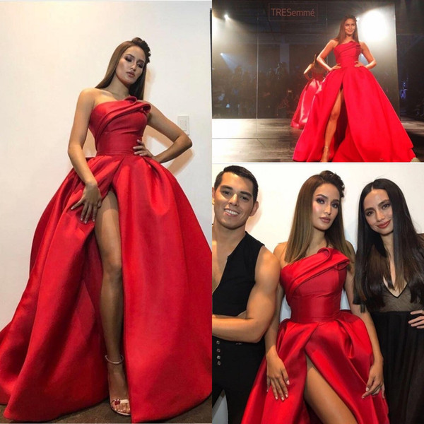 Red High Thigh Split Evening Dresses A Line Arabic Pageant Celebrity Gowns Strapless Women Occasion Party Prom Gowns Custom Made