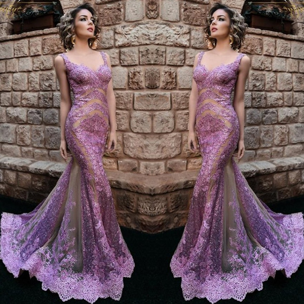 Light Purple Lace Evening Dresses Mermaid Sexy See Through Bodice Appliques Sequins Tulle Floor Length Prom Gowns Sexy V-neck Vestidos