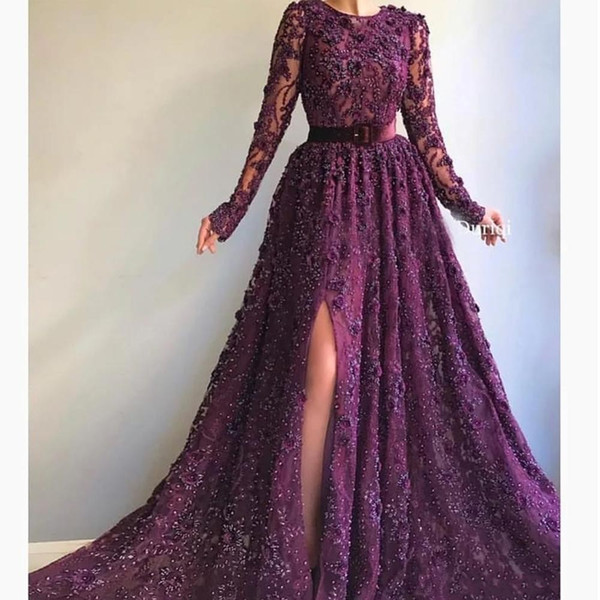 Luxurious Plum Beaded Split Evening Dresses Vintage A Line Long Sleeve Appliques Pearls Arabic Dubai Formal Party Gowns