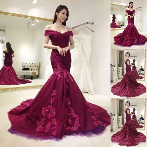 Burgundy Evening Dresses Off The Shoulder Mermaid Applique Lace Beaded Custom Made Prom Gowns For Christmas Party Wear