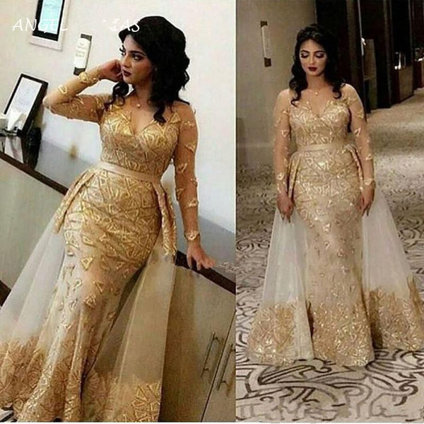 Modest Arabic Gold Detachable Skirt Evening Dresses Sheer Neck Long Sleeve Appliques Beads Plus Size Mother Dress Formal Vestidos de fiesta