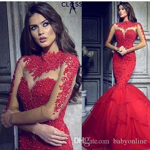 Sexy Illusion Long Sleeves Red Evening Dresses Arabic Mermaid High Neck with Appliqued Beaded Long Ruched Formal Party Celebrity Gowns