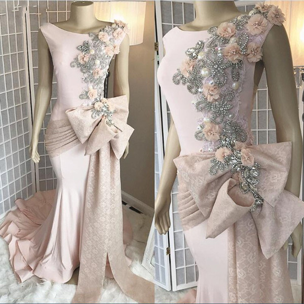 Real Image Pearl Pink Evening Dresses Crystals Beads With Hand Made Flowers Scoop Neckline Formal Party Celebrity Gowns Prom Dress