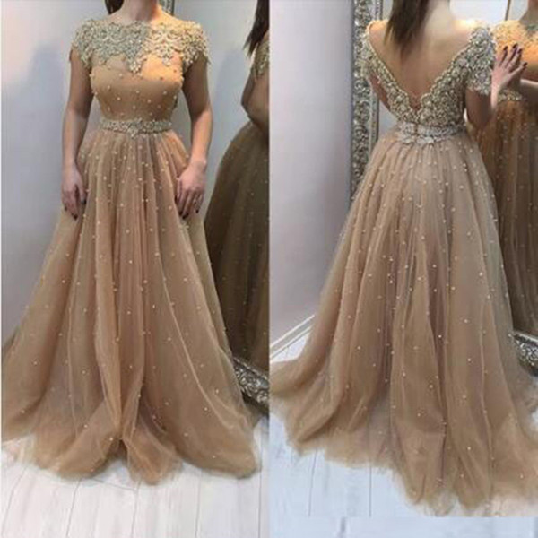 Champange Evening Dresses Formal A Line Appliqued Bateau Neckline Backless Beaded Pearls Long Prom Gowns Mother Dress