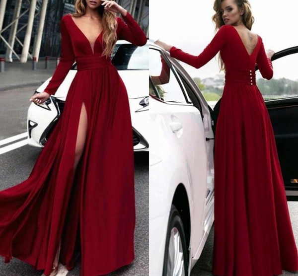 Vintage Dark Red Long Sleeve Split Evening Dresses A Line V Neck Formal Vestidos Party Prom Gowns With Buttons BC1540