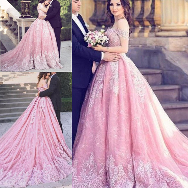 Saudi Arabic Pink Lace Evening Dresses Elegant Off Shoulder A Line Vestidos Long Train Prom Gowns Bridal Formal Dress