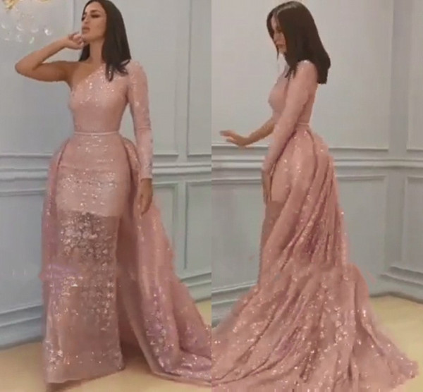 Vintage Arabic Muslim Long Sleeves Formal Evening Gowns One Shoulde Mermaid Long Party Gowns Mother Dress With Detachable Skirt BC1218