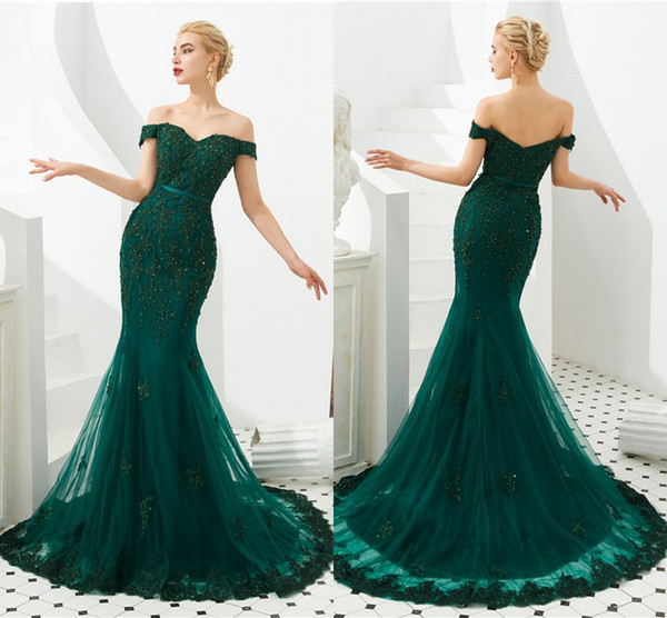 Dark Green Mermaid Evening Dresses Beaded Sequined Tulle Long Sexy Backless Robe de Soiree Formal Prom Dress Wears CPS1303