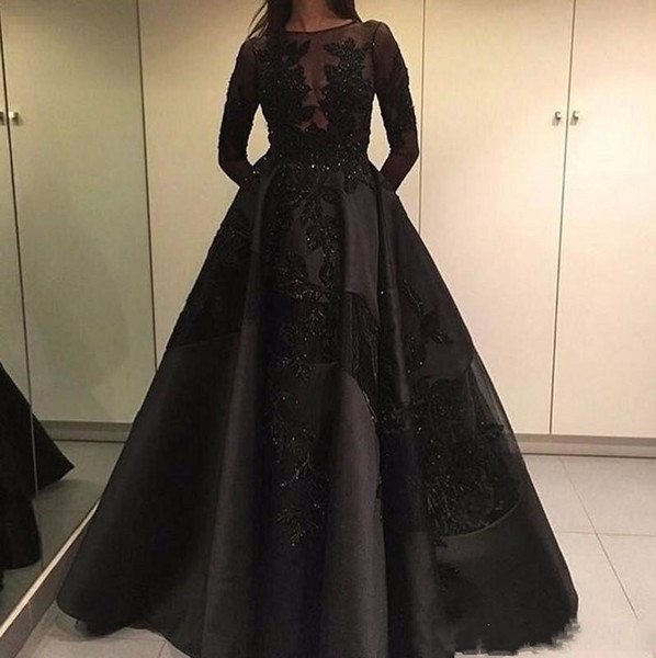 Vintage Black Long Sleeve Evening Dresses With Detachable Train A Line Sheer Neck Appliques Beads Arabic Dubai Fashion Prom Party Gowns