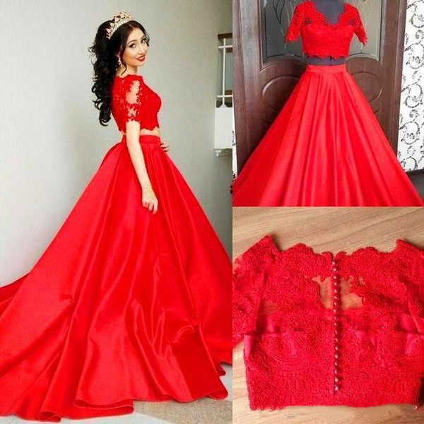 Red Two-piece Evening Dresses Quinceanera Sweet 15 Girl Prom Party Wears Satin Skirt Vestido De Soiree Formal Gowns Long BA5148