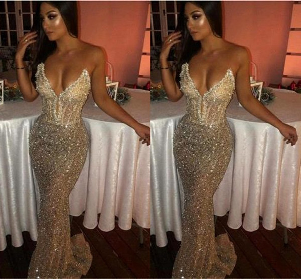 Sexy Bling Sweetheart Mermaid Sleeveless Sequins Shiny Light Champagne Prom Dresses Long Sweep Train Deep V Neck Evening Gowns BC1051