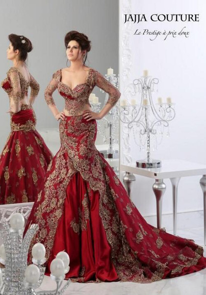 Red Lace Formal Mermaid Evening Dresses Arabic Embroidery Off Shoulder Vestidos Evening Gowns With See Through 3/4 Long Sleeve BO3087