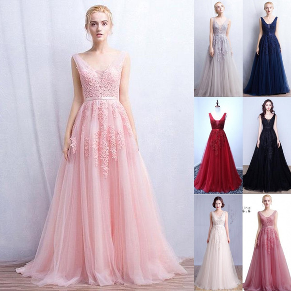 2022Vestidos De Novia A Line Sexy Deep-V Back Bead Lace Long Tulle Evening Dresses Backless Ribbon Colorful Blush Pink Prom Gowns CPS304