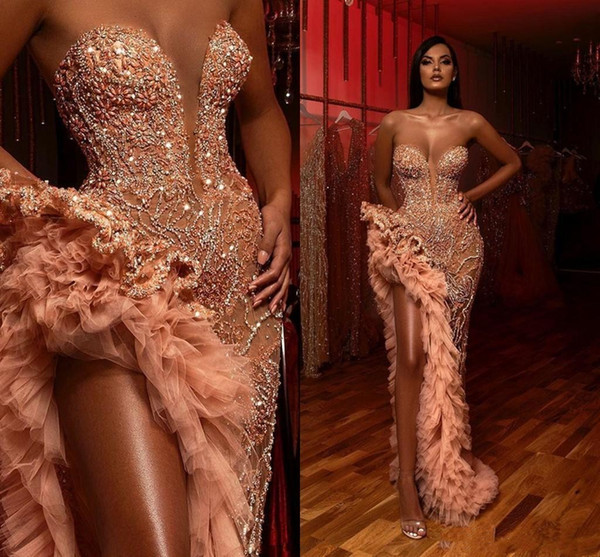 Luxury Beaded Appliqued Mermaid Prom Evening Dresses Wave Ruffles High Side Split Sweetheart Pageant Gowns For Women Formal