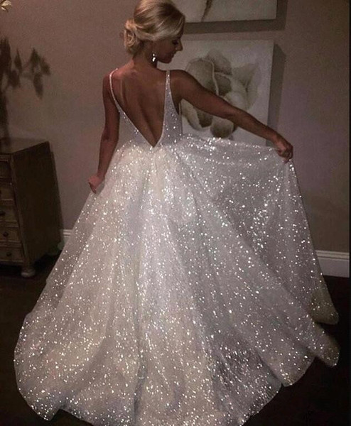 Sparkle Sequined White Long Evening Dresses Deep V Neck Sexy Low Back Long Evening Gowns Cheap Pageant Prom Gowns BA7466