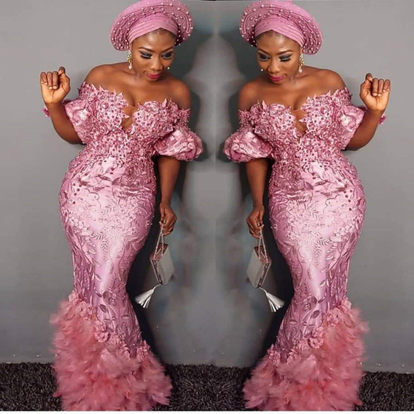 Newest Rose Pink Evening Dresses South African ASO EBI Mermaid Off Shoulder Lace Pagaent Gowns Appliques Beads Long Prom Dress