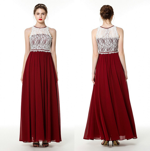 Burgundy Evening Dresses Cheap 2022A Line Sheer Lace Top Appliques Jewel Neck Pleats Long Bridesmaids Prom Gowns Mother Dress CPS1483