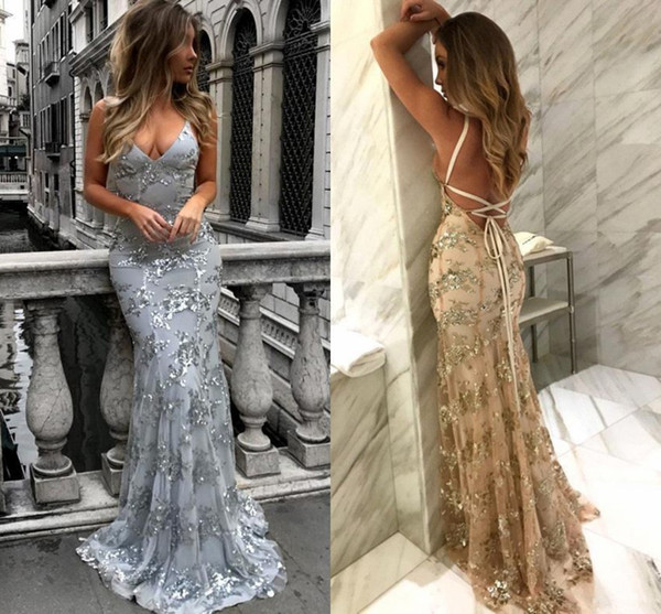 Silver Gold Sexy Mermaid Prom Dresses Deep V Neck Spaghetti Straps Applique Floor Length Backless Dresses Evening Party Wear BA7489