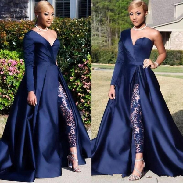 Sexy Dubai One Shoulder Evening Dresses Pant Suits A Line High Split Long Sleeve Formal Prom Gowns Jumpsuit Celebrity Dresses BC0282