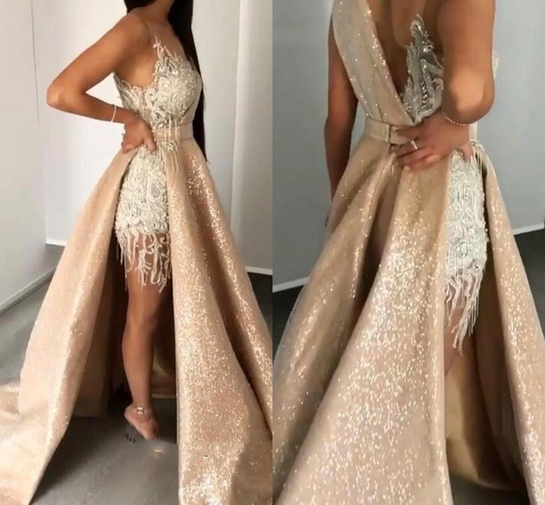 Champagne Evening Prom Dresses With Detachable Skirt Sexy Backless Sheath Cocktail Pageant Gowns Lace Beaded Vesidos Arabic BC0980