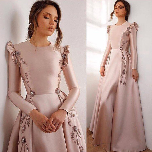 Modest Peach Long Sleeve Dubai Arabic Evening Dresses A Line Jewel Neck Satin Floor Length Formal Beads Crystals Celebrity Party Gowns