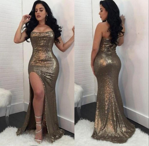 Shiny Sequined Reflective Split Evening Dresses For Women Occasion Party Sexy Mermaid Prom Gowns Plus Size Vestidos BC1707