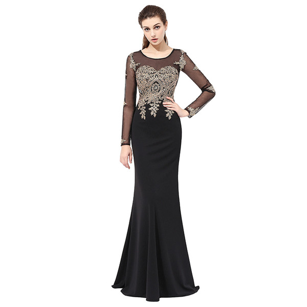 Sexy Sheer Sheath Illusion Sleeves Floor Length Evening Dresses With Lace Appliques Crystal Beads Mermaid Prom Gowns