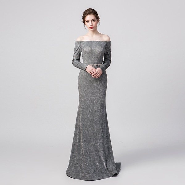 Elegant Grey Sequins Long Sleeve Evening Dresses Mermaid Off The Shoulder Mermaid Formal Occasion Party Dresses