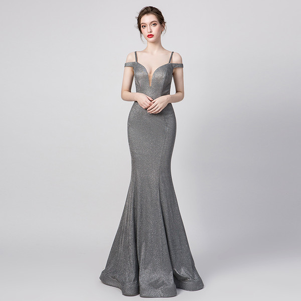 Sexy Gray Evening Dresses Special Material Mermaid Sleeveless V-neck Off The Shoulder Spaghetti Strap Prom Dresses