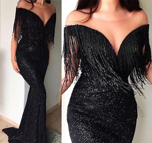 Long Evening Dresses Sheer Neck Floor Length Mermaid Saudi Arabia Black Sequins Sexy Prom Gown Party Wear