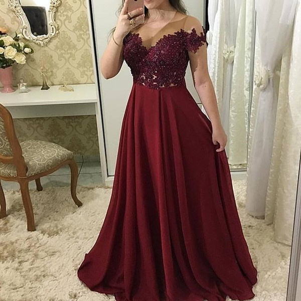 Dark Red Short Sleeve Evening Dresses Appliques A Line Floor Length Formal Occasion Prom Party Dresses Custom Made Hot Sale