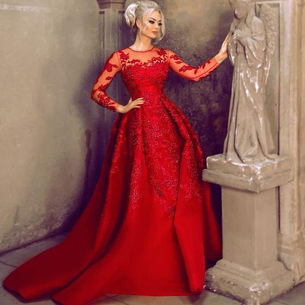 Red Long Sleeve Evening Dresses Sheer Jewel Neck Lace Appliques Sweep Train Formal Evening Occasion Dresses Custom Made