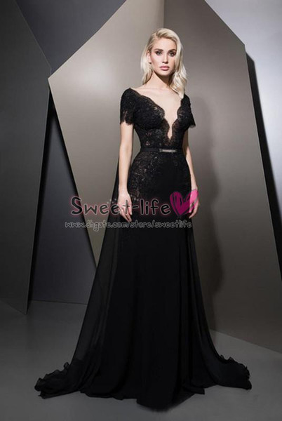 Long Evening Dresses Black Floor Length A Line Saudi Arabia Sheer Deep V Neck Prom Gown Party Wear