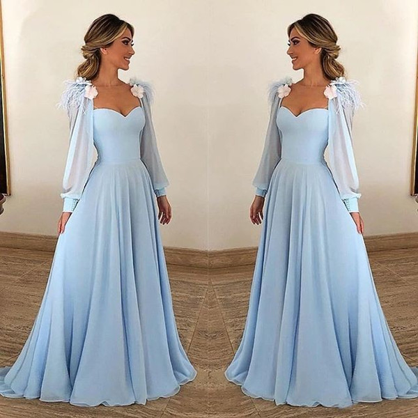 Light Sky Blue Evening Dresses Long Sleeve A Line Feather Sweetheart Neck Formal Occasion Prom Party Dresses Custom Made