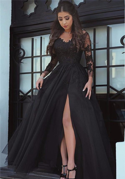 Long Sleeves Lace Appliques Evening Dress Front Slit Party Wear V Neck Black A Line Formal Prom Dresses