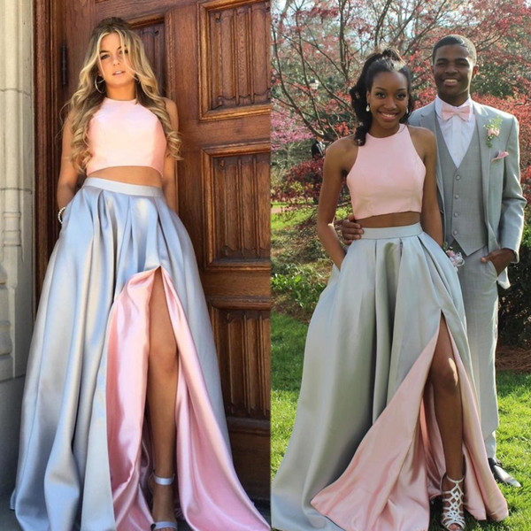 Pink Silver Two Pieces Prom Dresses Long Satin Graduation Evening Dresses with Pocket High Slit Party Dress vestido de formatura longo