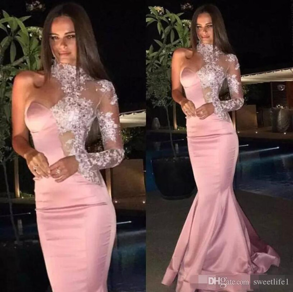 Formal Mermaid Sexy Evening Dresses Lace High Neck Sheer One Shoulder Long Sleeves Prom Gown Celebrity Dres