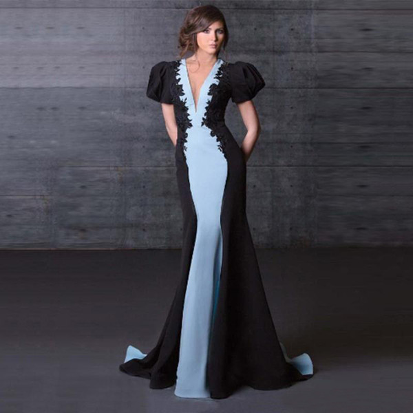 Long Evening Dresses Black and Blue Floor Length Nernaid Saudi Arabia Sheer Sheer V Neck Prom Gown Party Wear