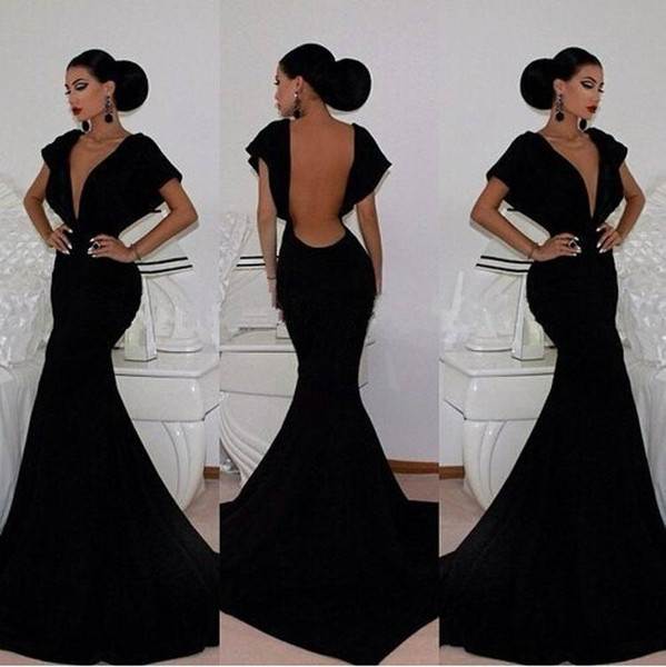 Sexy V Neck Mermaid Evening Dresses Backless Ruched Black Formal Party Gowns African Prom Dress