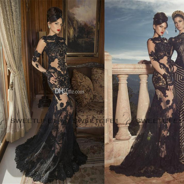 Black Long Sleeves Oved Cohen Sheer Lace Back Evening Dresses Mermaid Crew Black Lace Appliques High Neck See Through Prom Formal Wear