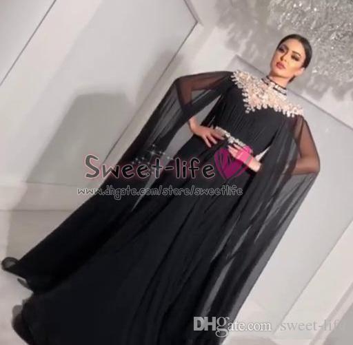 Elegant Black Saudi Arabia A Line Evening Dresses Chiffon Long Sleeves with Crystals Formal Prom Party Gown Plus Size