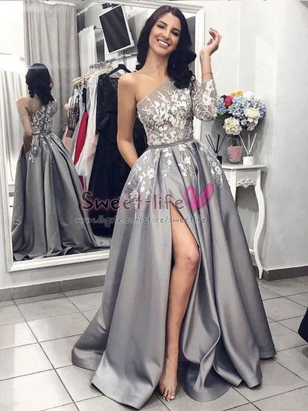 Silver A Line Evening Dresses African Middle East Prom Dress Long Sleeves One Shoulder Saudi Arabia Style High Split Party Gown