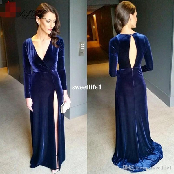 Long Sleeves Velvet Evening Dress Sexy V Neck Floor Length Prom Dresses Elegant Celebrity Formal Dresse