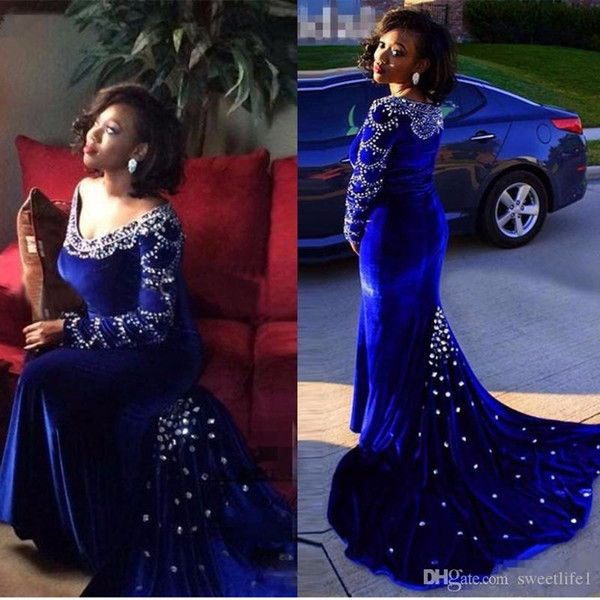 Elegant Royal Blue Long Sleeve Velvet Dubai Evening Dresses Sexy Mermaid Party Gown Formal Prom Dress Vestido De Festa