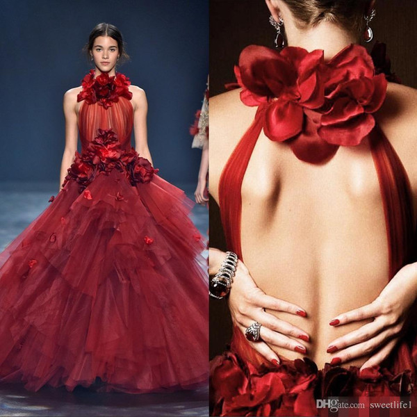 Burgundy Sexy Evening Dresses 3D Flowers Tiered Ruffles Ball Gown A Line Prom Dress Formal Party Wear Floor Length