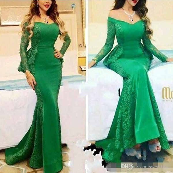 Green Lace Mermaid Saudi Arabia Evening Dresses Elegant Long Sleeve Peplum V Neck Formal Party Dress Floor Length Prom Gow