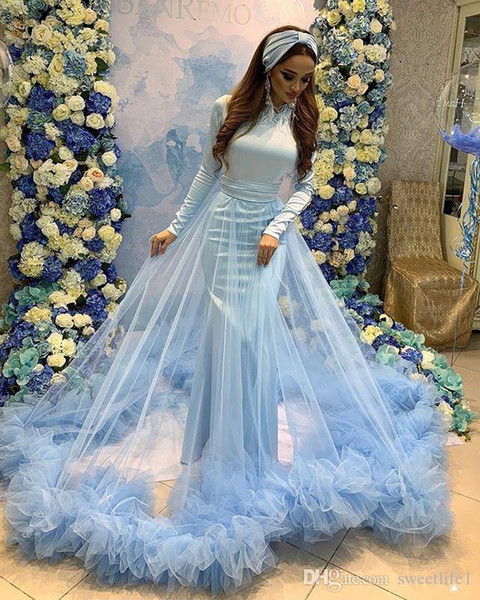 Dubai Arabic Style Light Blue Evening Dresses Mermaid Long Sleeves Ruffles Skirts Sexy Formal Occasion Prom Party Wear